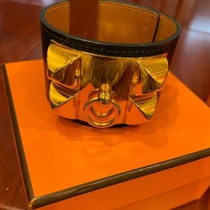 Hermes Black Leather Cuff with Gold Hardware